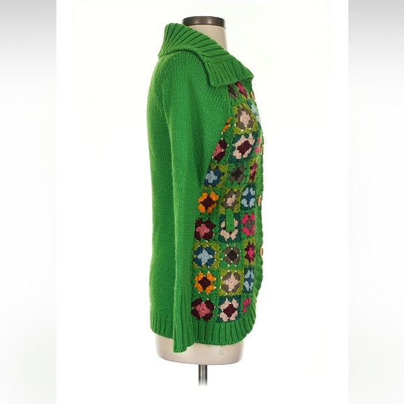 VTG 90s Granny Square Crochet Cardigan Sweater Green Cottage Wool Boho Floral - Picture 3 of 6